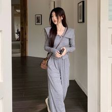 2025秋冬新款娃娃领时尚套装女修身显瘦翻领外套休闲阔腿裤两件套