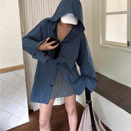 韩系2025秋冬慵懒风纯棉格连帽衬衫外套女宽松休闲百搭设计感显瘦