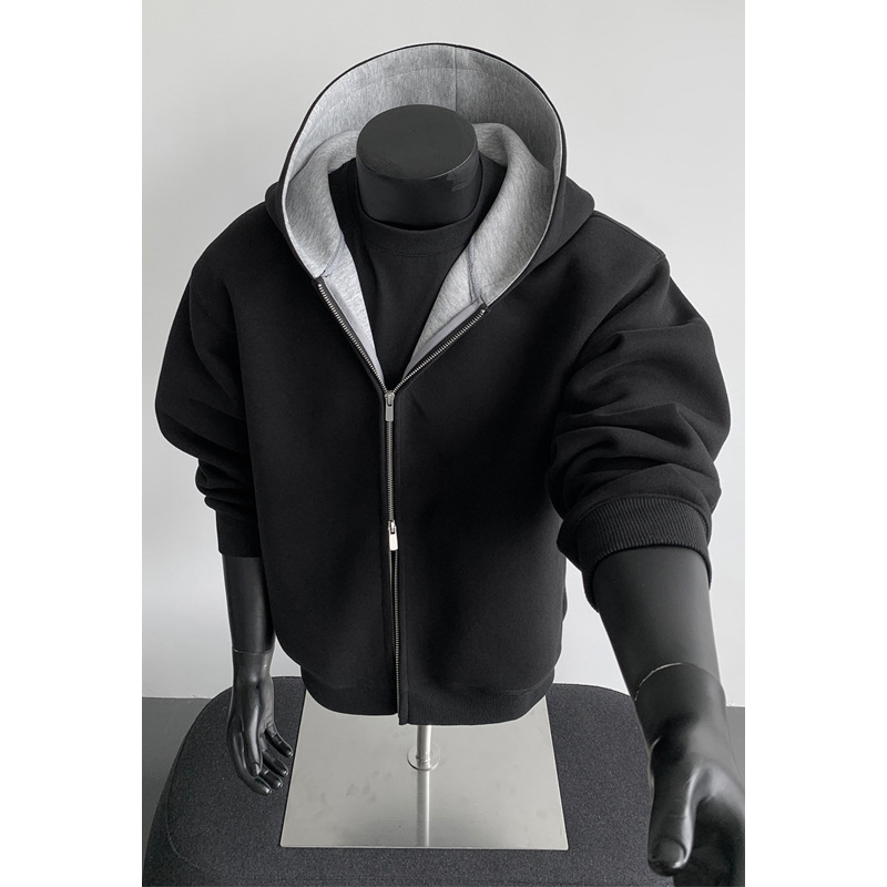 430 g schwerer Patchwork-Cardigan mit Kapuze, Herren-Stil, amerikanischer Trend, kastenförmig, kurz, Oversized, lässige Jacke_voghion.com