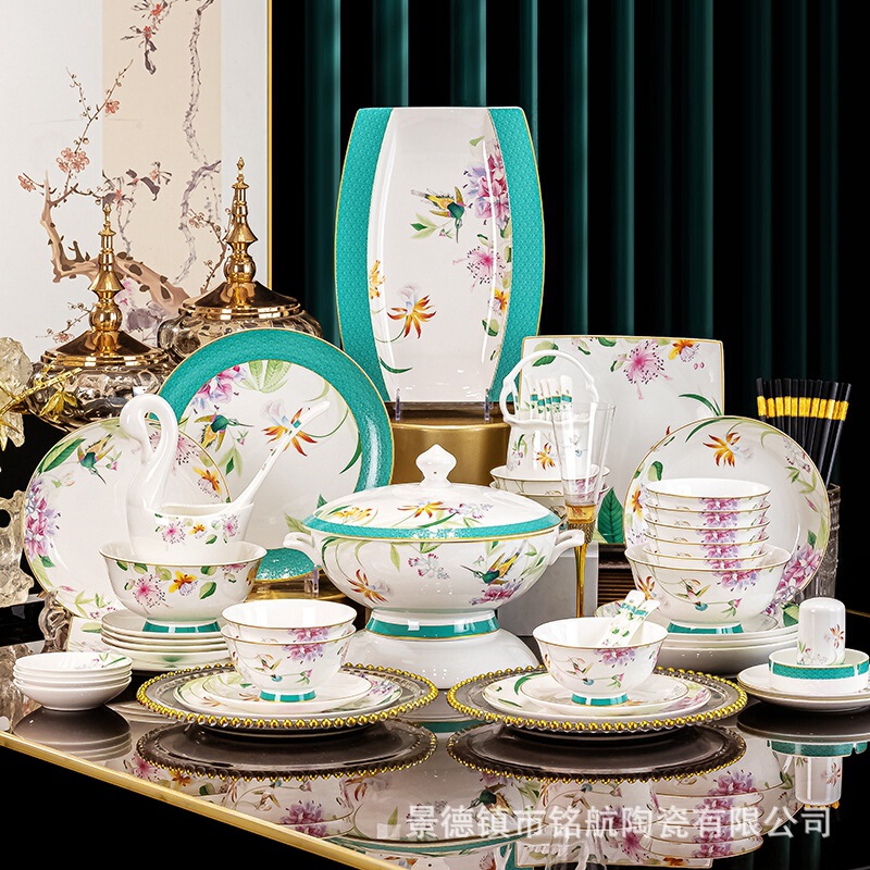 Bone China Tableware Set, Bowl and Plate Set, Dishware Gift Wholesale Jingdezhen Ceramic Sub-Combination Full Set for Home Gift Giving