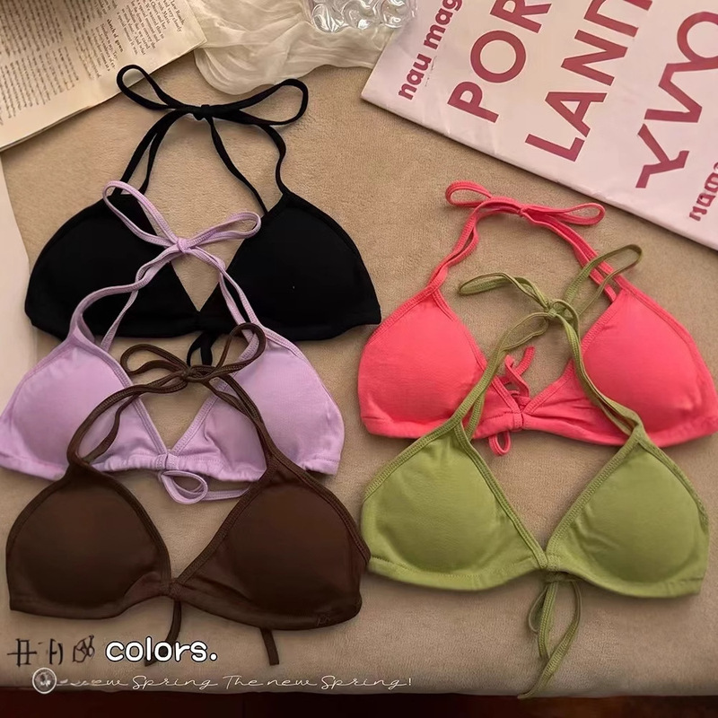 Sexy Strap Design Neck Lingerie Women's Summer Triangle Cup Inner Wear Beautiful Back Bikini Short Bra Top