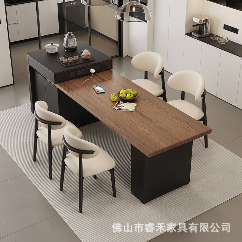 Solid wood rock plate island table dining table integrated home modern extendable simple Italian style small family middle island high-end tea drinking platform