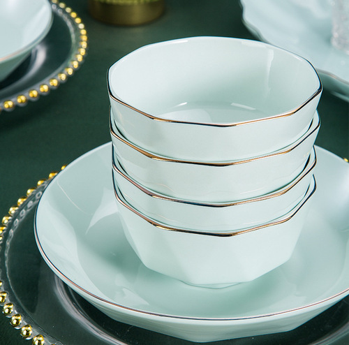 Dishes set wholesale household simple gold rim rice bowl noodle soup bowl dish plate shadow green light luxury ceramic bowl tableware set