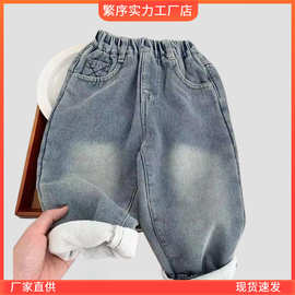 男童裤子加厚一体绒男童直筒裤超软小童宝宝加绒牛仔裤宽松洋潮流