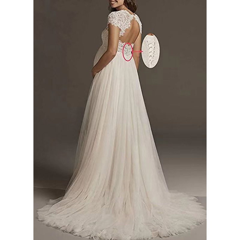 Vestido de novia de comercio exterior para mujeres embarazadas de cintura alta de gran tamaño encaje europeo y americano Mori cola pequeña vestido de novia transfronterizo de Amazon blanco image 5