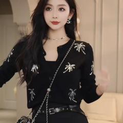 欧货黑色珠片绣花针织开衫女2025春秋新款设计感小众时髦洋气上衣