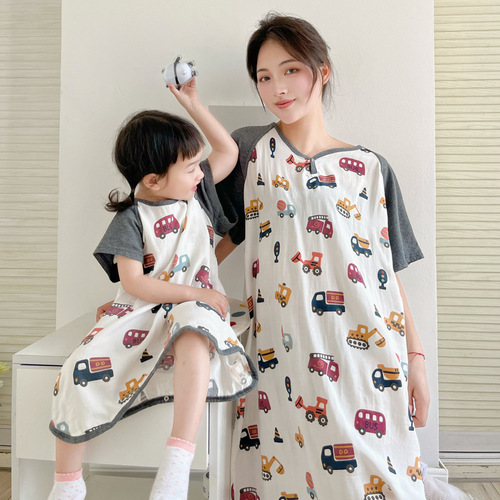 Redange baby home clothes parent-child nightgown girls home clothes bamboo cotton gauze summer children's pajamas