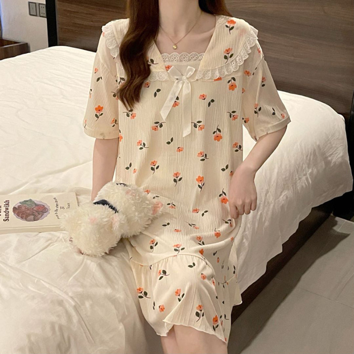 2024 pijama de mujer algodón de tela pijama de verano estudiantes frescos lindos mangas cortas ropa de cuello de muñeca media y larga