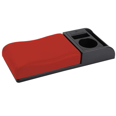box lid raised and lengthened: Armrest box - microfiber-leather-universal-cover-curved-surface-black-red-cover