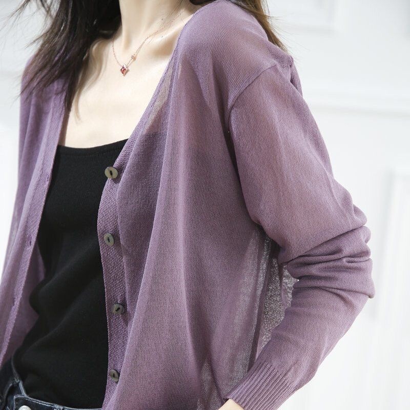 Ice Silk Knitted Cardigan for Women, V-Neck Long-Sleeve Top, Summer Thin Solid Color Jacket, Sun Protection Air Conditioning Shirt, Shawl Outerwear