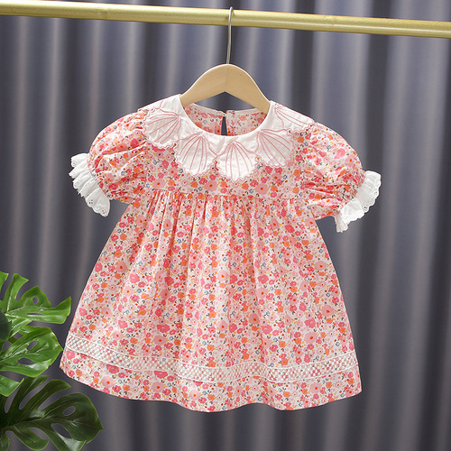 Princess dress for children and baby girls summer pink floral girl dress shell lace collar lady going out skirt