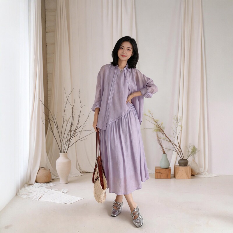 2026 Spring and Summer New Style Ramie Two-Piece Set for Women, Elegant Purple Shirt Dress B0632 Lazy Style Suit 2026 Spring and Summer New Style Ramie Two-Piece Set for Women, Elegant Purple Shirt Dress B0632 Lazy Style Suit