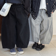 佳叶童品2026男童春秋洗退做旧拼接裤女宝宝宽松萝卜裤阔腿九分裤