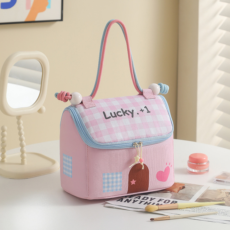 Casa pequeña encantadora bolsa de maquillaje de dopamina color de gran capacidad de partición de almacenamiento de viaje bolsa de almacenamiento portátil bolsa de mano