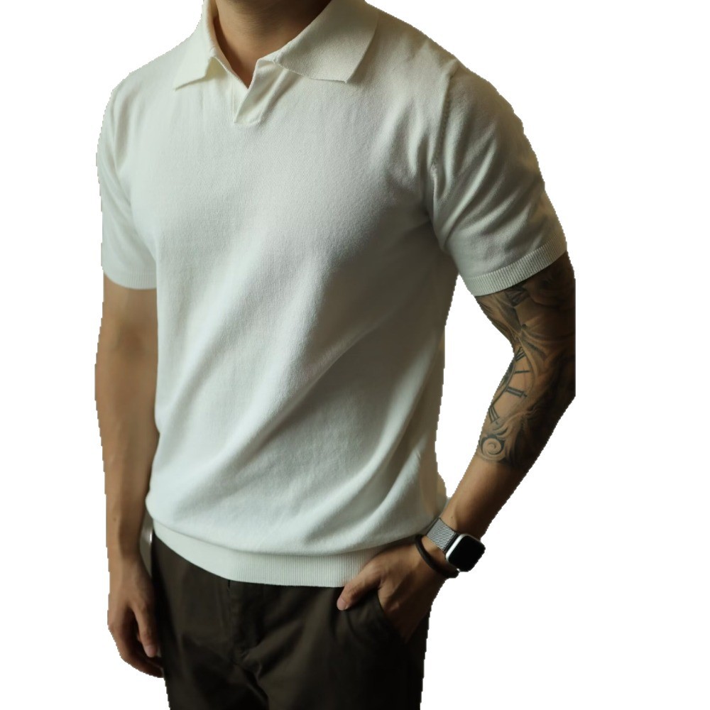 Camisa de polo con cuello en V americano, suéter de punto para hombre, camiseta de manga corta, solapa informal suelta, moda de color sólido, blusa de verano