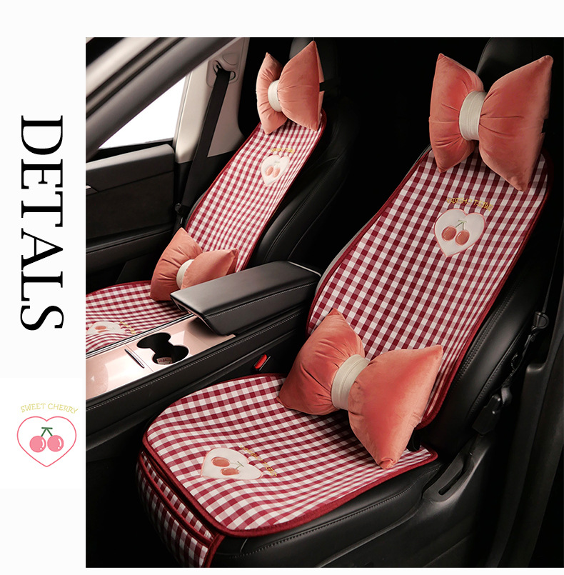 Plaid Cherry Car Cushion Four Seasons Universal Linen Single Piece Goddess Seat Cover Semi-enclosed Breathable Summer Day