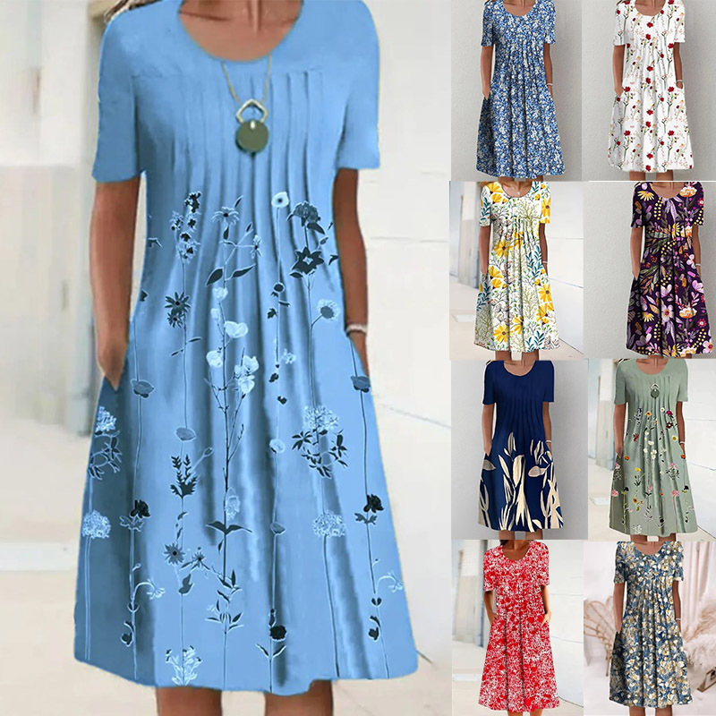 Cross-Border Export 2023 Ebay Amazon Wish Spring and Summer Floral Print Round Neck Flap Pocket Pants Mid-Length Dress Women's Clothing