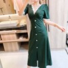 V-neck low cut single breasted slit A-line long dress party dress short sleeve dress