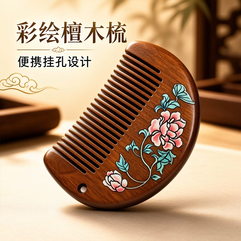 节日伴手礼天然檀木月梳细齿便携中秋国庆结婚礼物头皮经络按摩梳