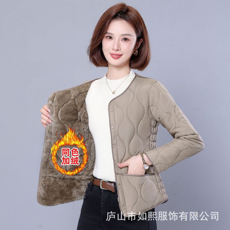 秋冬款纯色内胆棉服女轻薄保暖菱格简约短款通勤百搭加绒外套防寒|undefined