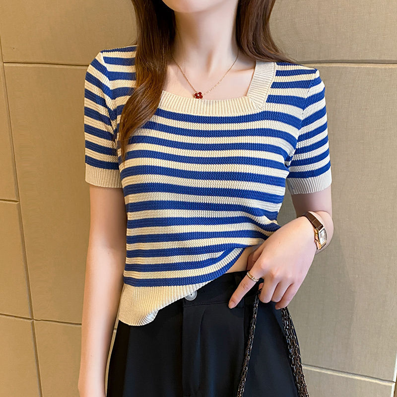 Ice Silk Stripesd Knitwear 2025 Summer New Thin Square Collar Short-Sleeved T-Shirt Top for Women