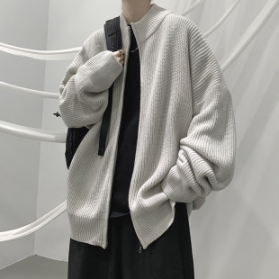 Autumn cardigan sweater men's loose lazy sweater trendy American retro half turtleneck sweater coat