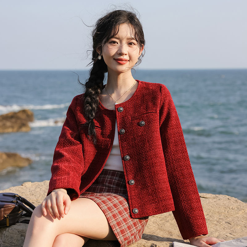 Red Tweed Petite Chanel-Style Jacket Cross-Border High-End Women's Christmas French Short Cardigan Top