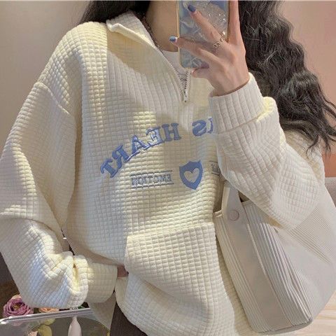 Polo americano waffle suéter mujeres primavera y otoño diseño sentido nicho estilo coreano flojo perezoso bordado superior