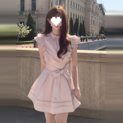 2025新款法式小飞袖粉色套装连衣裙子女夏绑带收腰气质甜美风短裙
