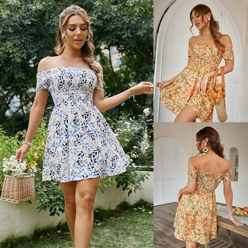 2022 Summer New Cross-border Amazon Wish European And American Women's Clothing Floral One-word Collar Elegant Holiday Dress