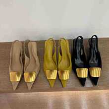 金属方扣法式尖头细跟高跟单鞋女2025春夏款气质后空包头凉鞋