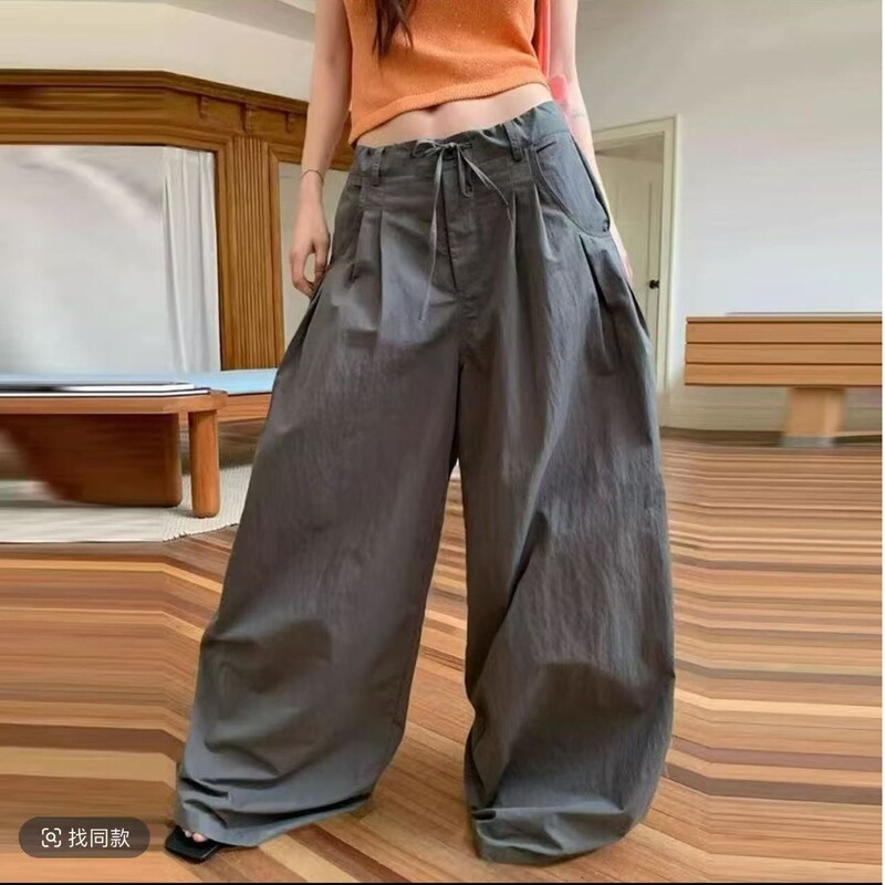 Ins Summer Retro American Style Relaxed Pleated Wide-Leg Low-Waist Drapey Loose Workwear Casual Pants High-Waisted Slimming