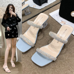 拖鞋女夏外穿2024夏季新款水鑽涼鞋一字時尚高跟鞋粗跟涼拖鞋代發
