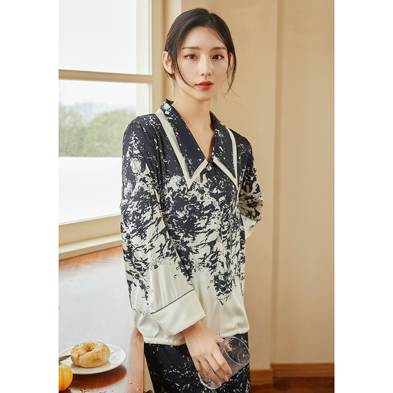 2024 Весенняя и осенняя пижама женский шелк с длинными рукавами тушь роспись высокого темперамента