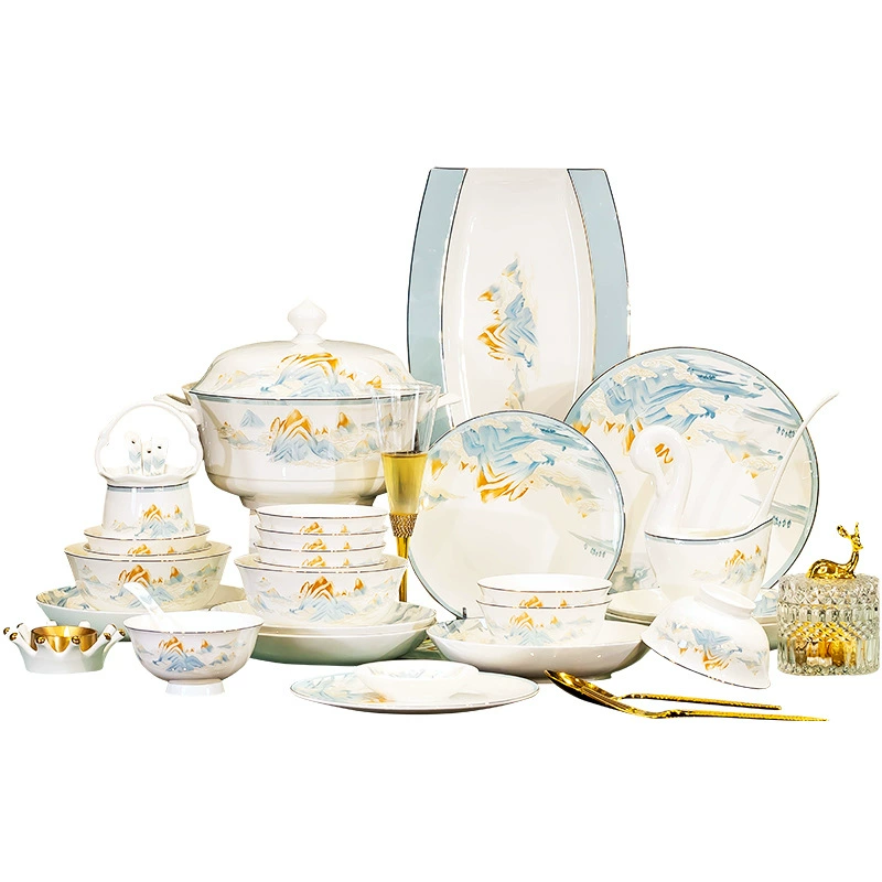 Ceramic tableware, set, gift box, Chinese style, hand painting, full set