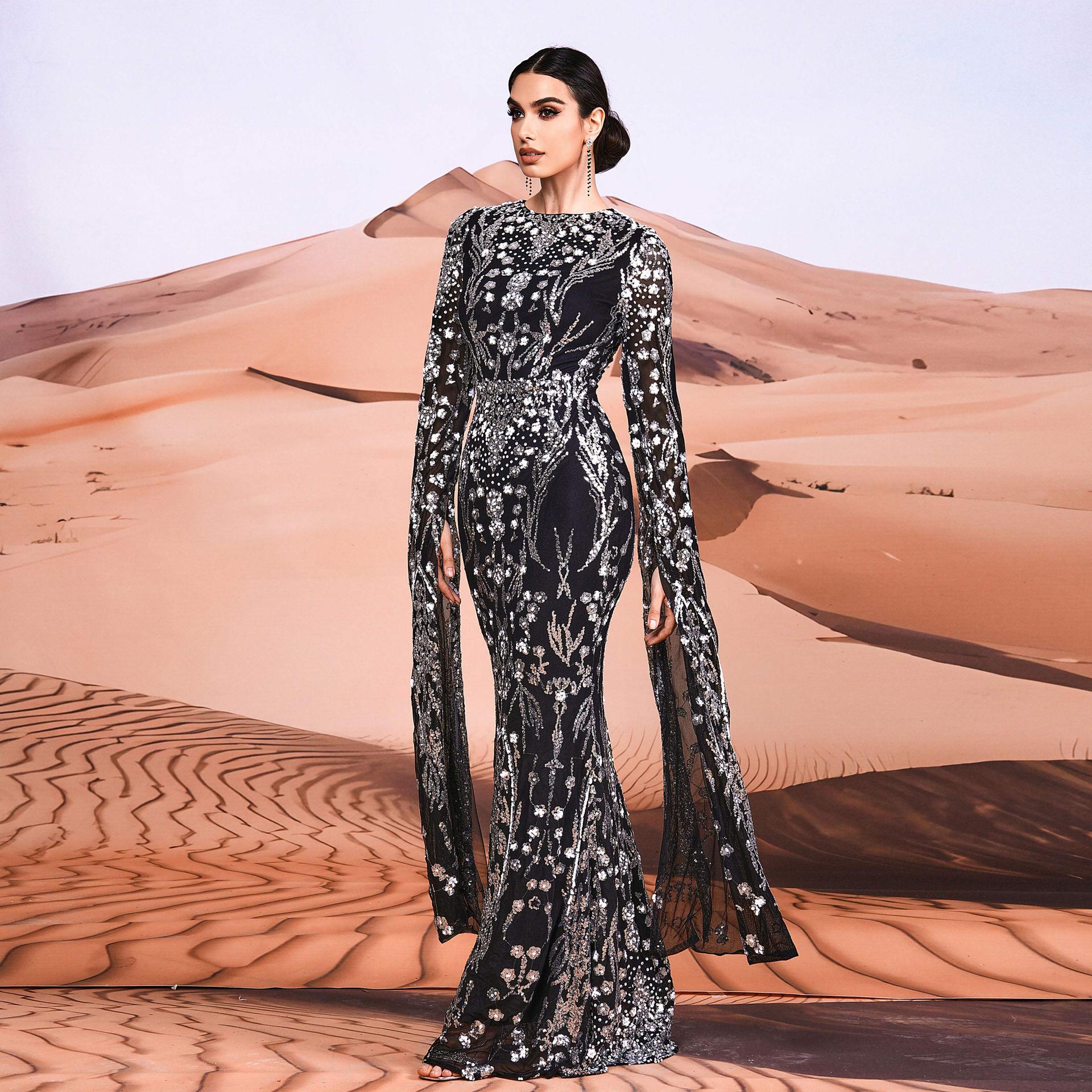 Women's Clothing ultra long sleeve temperament round neck sexy slim long sequined banquet evening dress bridesmaid dress_voghion.com