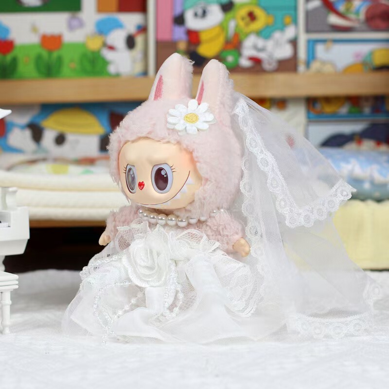 Only the Clothing】17Cm Labubu Doll Clothes Vinyl Pendant Wedding Dress Heart-Warming Macaron