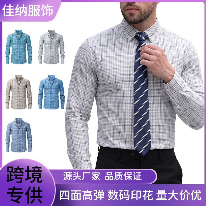 Cross-border four-way stretch men's business casual shirt, long-sleeve plaid printed men's shirt with a high-end feel