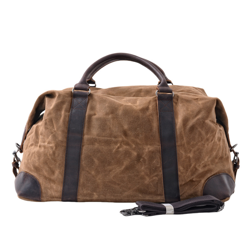 Mukuan European and American Retro Style Travel Handbag Waxed Waterproof Canvas with Cowhide Large Capacity Men's Bag Weekend Bag