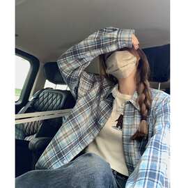 春秋新款蓝色格纹衬衫外套女休闲遮肉宽松显瘦长袖百搭衬衣上衣
