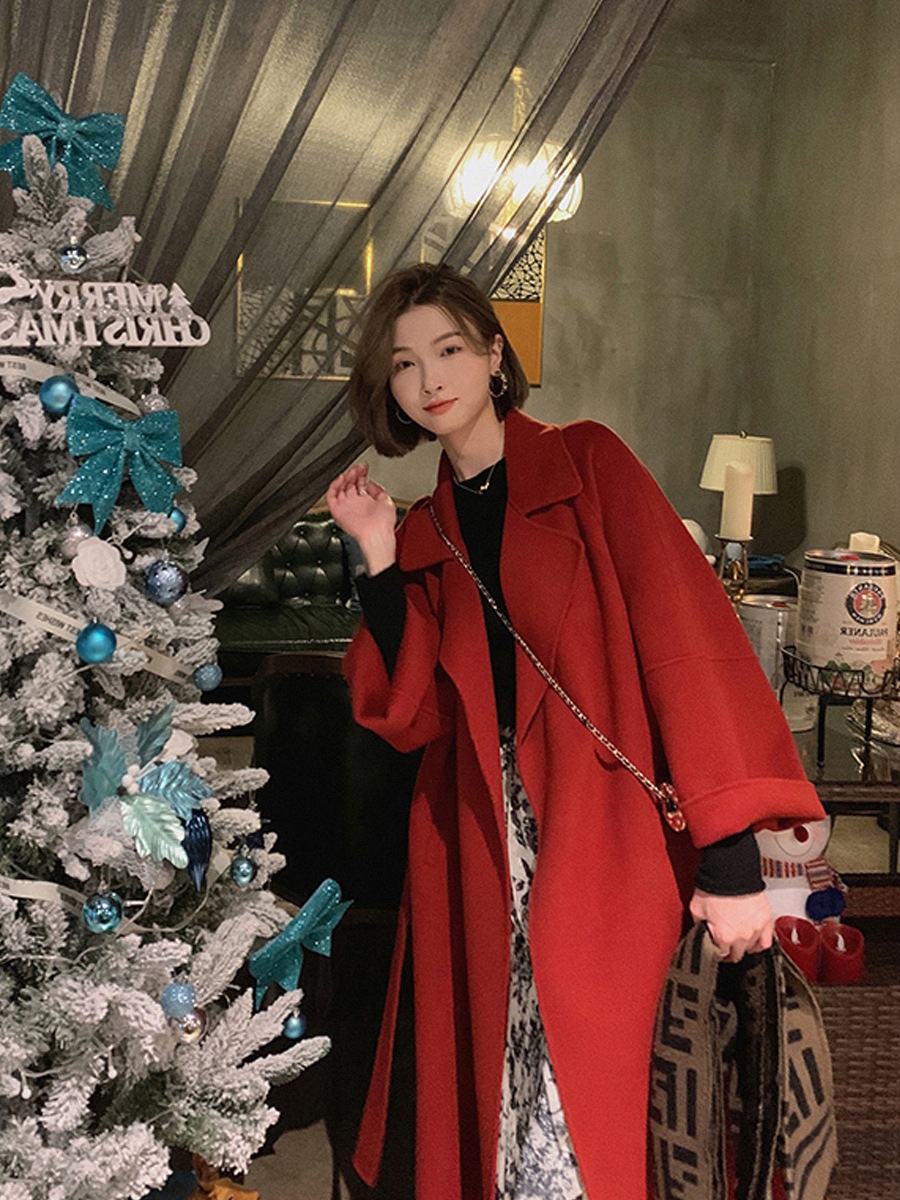 オフホワイトの両面カシミヤコート レディース 秋冬 2025年新作 冬 高級感 ミドル丈 韓国風 ウールコート