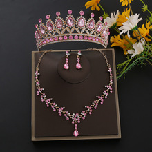 欧美新娘皇冠三件套金属水钻项链耳环冬季婚礼红色头饰高级感韩国