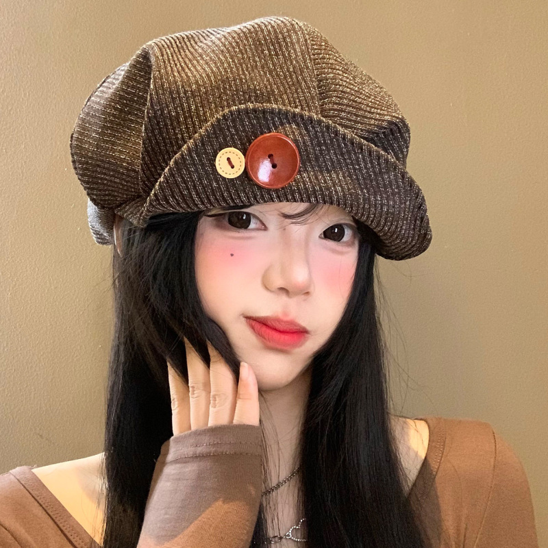 灯芯绒纽扣翻檐贝雷帽女春秋季美拉德大头围八角帽显脸小画家帽子|undefined