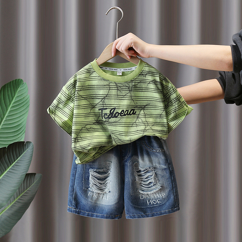 7284 Traje de verano para niños 2025 nuevo estilo estilo occidental ropa de verano de dos piezas de moda ropa de manga corta de verano