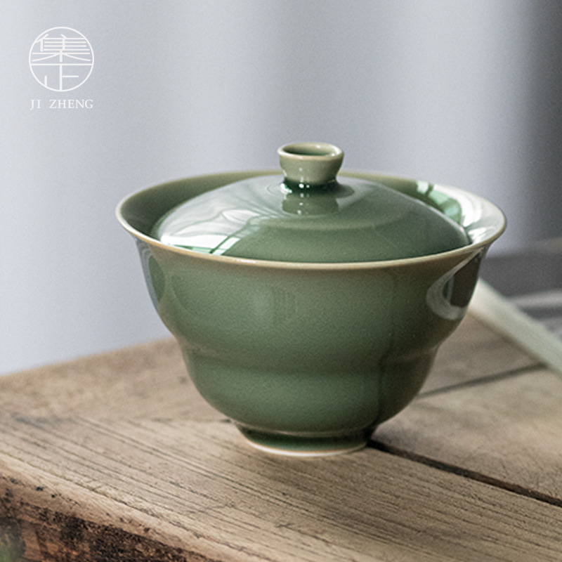 Retro Yue Kiln Celadon Gourd Covered Bowl Ceramic Tea Set Tea Bowl Single Household Plum Green Ercai Covered Bowl Single