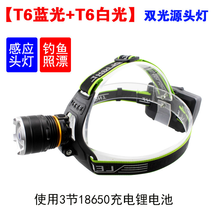 ダブル T6 白と青のデュアル光源誘導充電式ヘッドランプ白色光と青色光釣り夜釣りライト 3 バッテリーバックパック|undefined