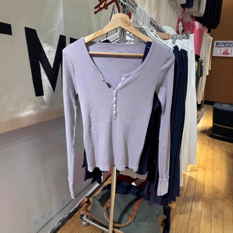 Bm New Purple Gray Threaded Six-Button Long-Sleeved T-Shirt Bm Early Autumn Slimming Look Versatile Bottoming Shirt Top for Women