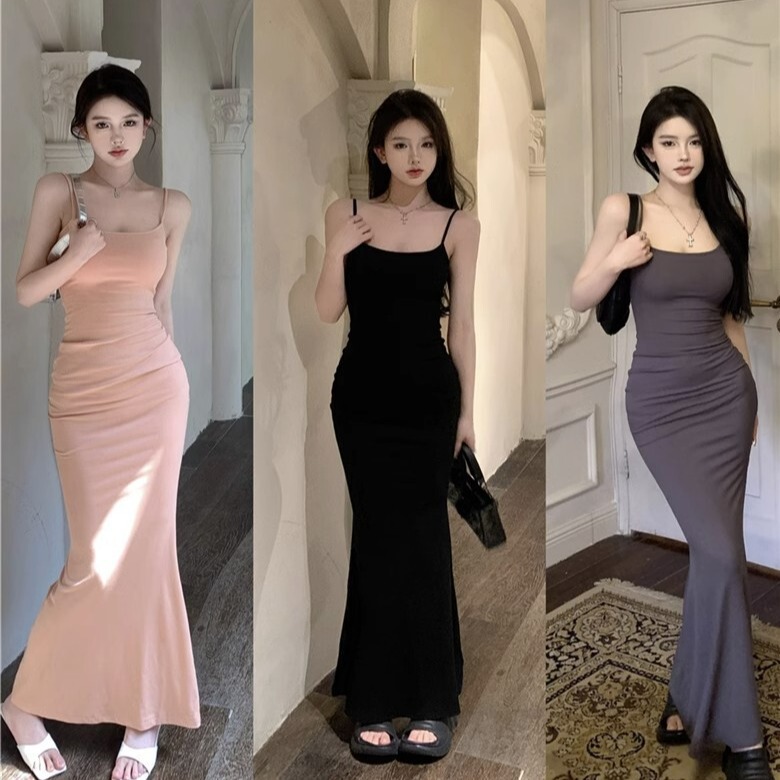 Women's slim-fit sheath fishtail dress, slim-fit solid color sling, dress Autumn New