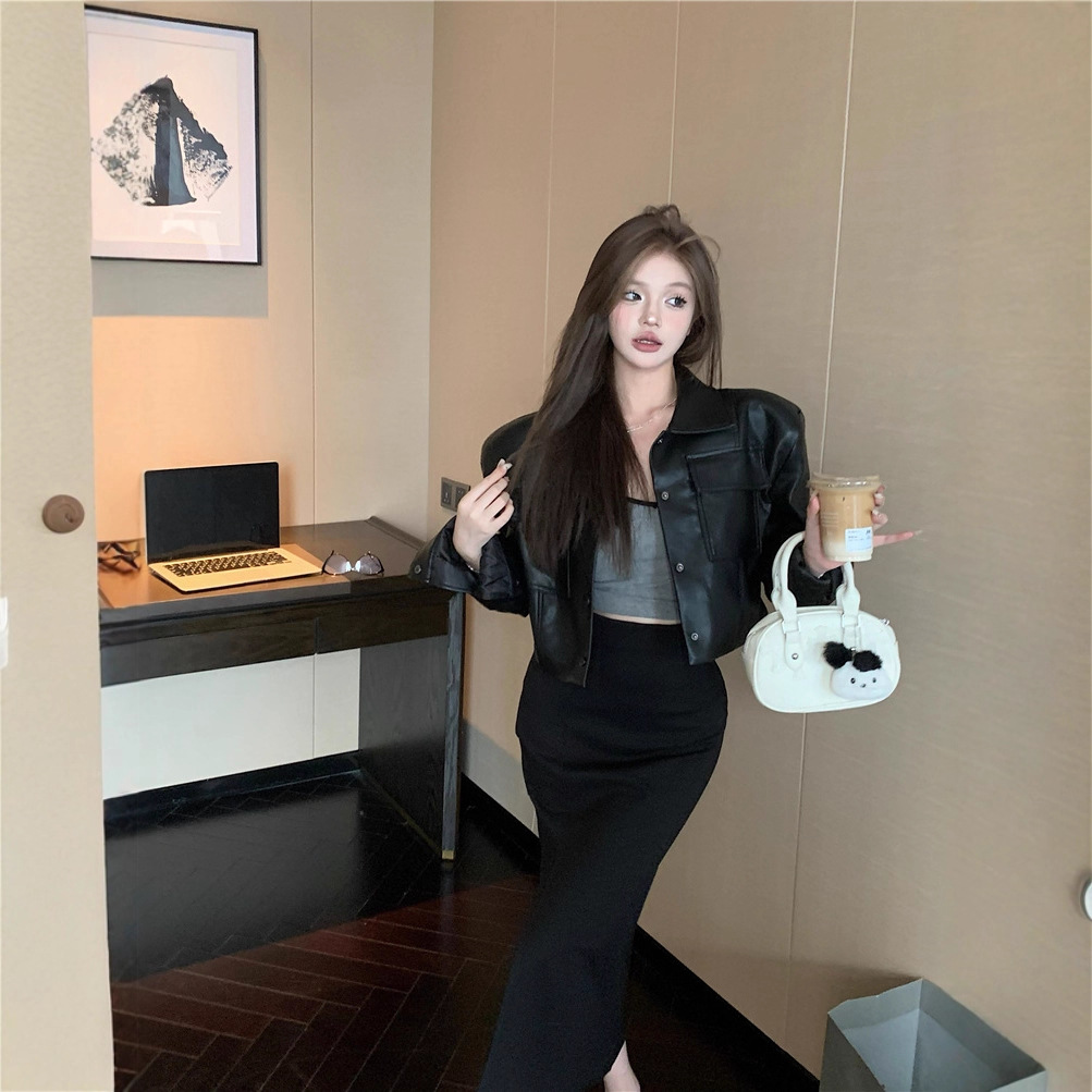 2025 Real Shot Autumn and Winter Real Shot Short Pu Leather Motorcycle Jacket Top Short Outwear for Women