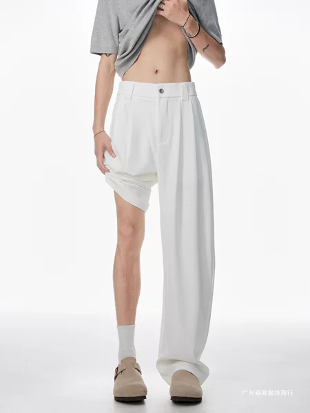 White Drapey Ice Silk Men's Summer Thin High-End Wide-Leg Pants Cleanfit Slimming Casual Long Trousers